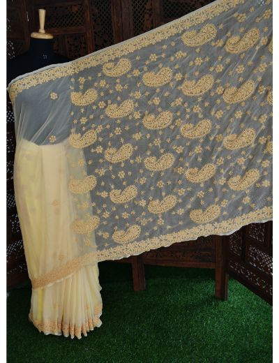 Chhangamal Hand Embroidered Beige Georgette Half Jaal Chikankari Saree