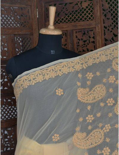 Chhangamal Hand Embroidered Beige Georgette Half Jaal Chikankari Saree