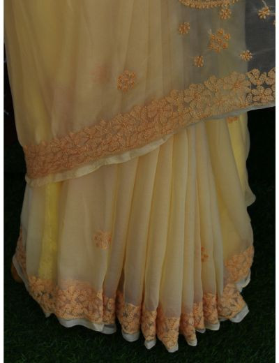 Chhangamal Hand Embroidered Beige Georgette Half Jaal Chikankari Saree