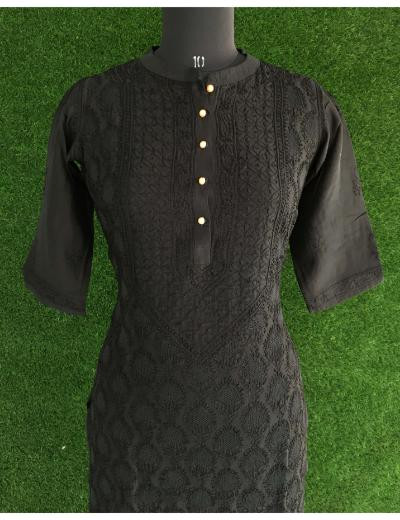 Chhangamal Hand Embroidered Black  Colour Chanderi Silk Chikankari  Kurti