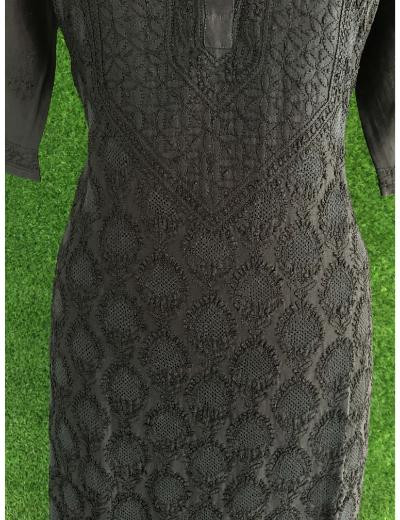 Chhangamal Hand Embroidered Black  Colour Chanderi Silk Chikankari  Kurti
