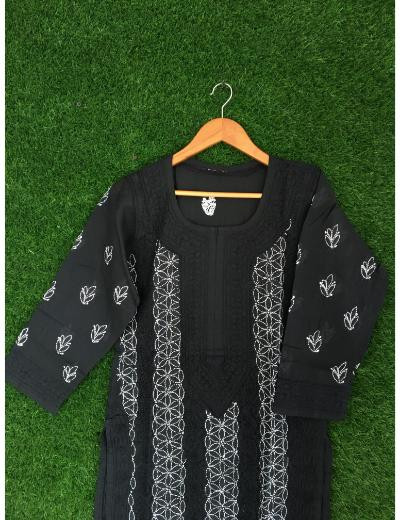 Chhangamal Hand Embroidered Black Colour Cotton Chikankari Kurti