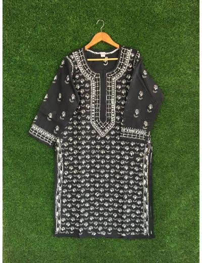 Chhangamal Hand Embroidered Black Colour Cotton Chikankari kurti