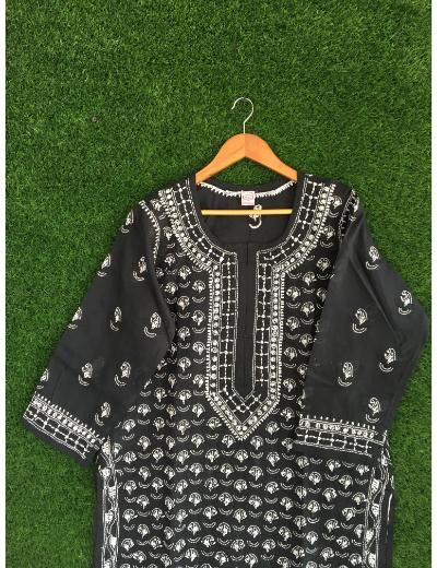 Chhangamal Hand Embroidered Black Colour Cotton Chikankari kurti