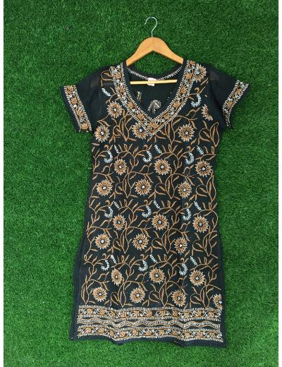 Chhangamal Hand Embroidered Black Colour Cotton Chikankari kurti
