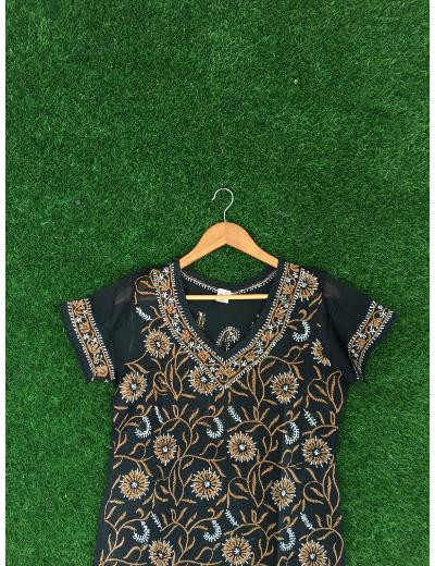 Chhangamal Hand Embroidered Black Colour Cotton Chikankari kurti