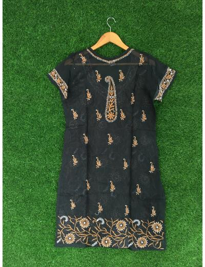 Chhangamal Hand Embroidered Black Colour Cotton Chikankari kurti