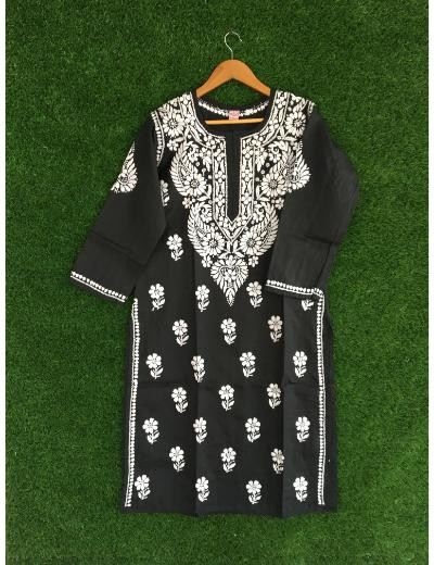 Chhangamal Hand Embroidered Black Colour Cotton Chikankari Kurti