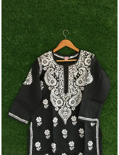 Chhangamal Hand Embroidered Black Colour Cotton Chikankari Kurti