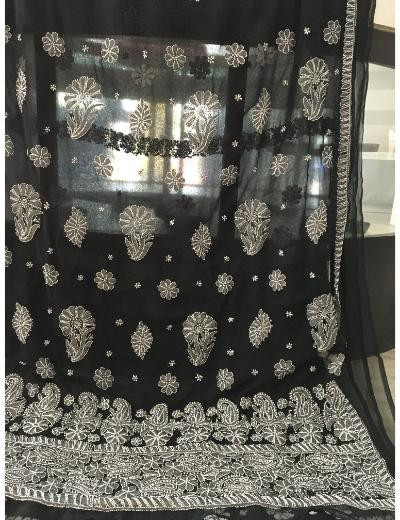 Chhangamal Hand Embroidered Black Colour Georgette  Chikankari Saree Piece