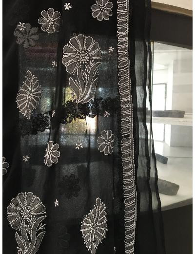Chhangamal Hand Embroidered Black Colour Georgette  Chikankari Saree Piece