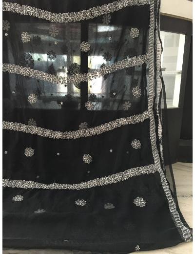 Chhangamal Hand Embroidered Black Colour Georgette  Chikankari Saree Piece