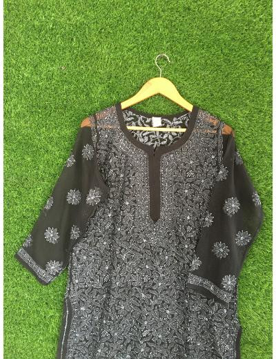 Chhangamal Hand Embroidered Black Colour Georgette Chikankari Kurti