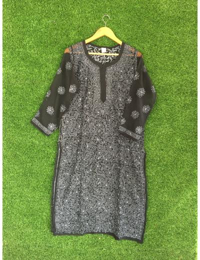 Chhangamal Hand Embroidered Black Colour Georgette Chikankari Kurti