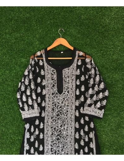 Chhangamal Hand Embroidered Black Colour Georgette Chikankari Kurti Piece