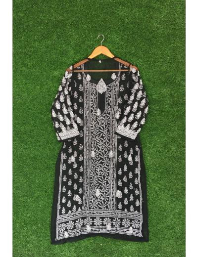 Chhangamal Hand Embroidered Black Colour Georgette Chikankari Kurti Piece