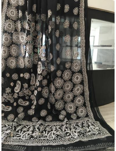 Chhangamal Hand Embroidered Black Colour Georgette Chikankari Saree