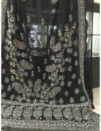 Chhangamal Hand Embroidered Black Colour Georgette Chikankari Saree