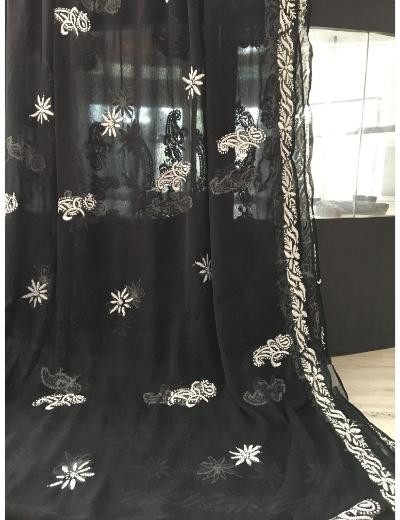 Chhangamal Hand Embroidered Black Colour Georgette Chikankari Saree