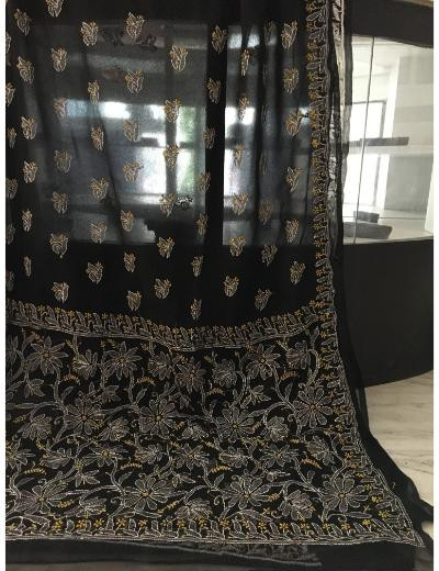 Chhangamal Hand Embroidered Black Colour Georgette Chikankari Saree