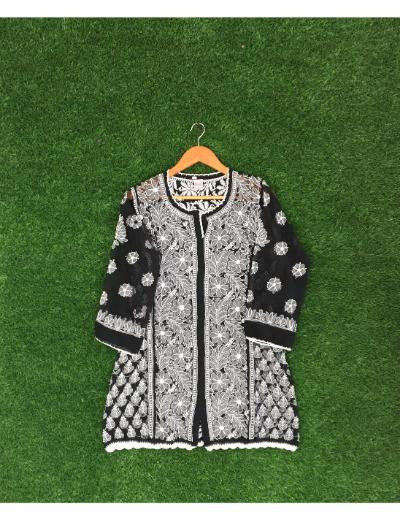 Chhangamal Hand Embroidered Black Colour Georgette Chikankari Top Piece