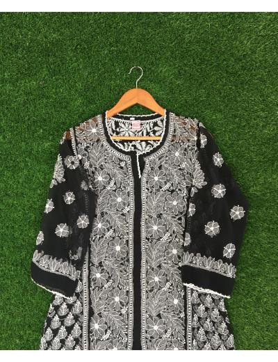Chhangamal Hand Embroidered Black Colour Georgette Chikankari Top Piece