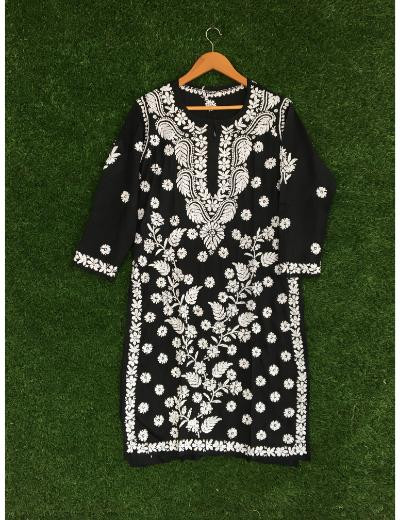 Chhangamal Hand Embroidered Black Colour Modal Chikankari Kurti