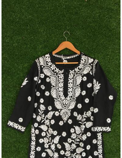 Chhangamal Hand Embroidered Black Colour Modal Chikankari Kurti