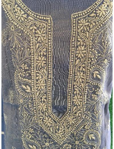 Chhangamal Hand Embroidered Black Colour Tissue Chanderi Chikankari Kurta Dupatta Piece