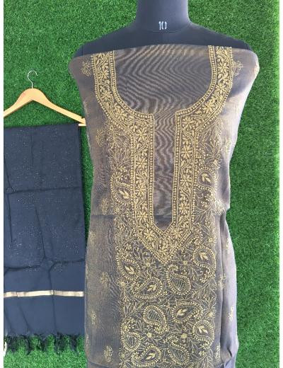 Chhangamal Hand Embroidered Black Colour Tissue Chanderi Chikankari Kurta Dupatta Piece