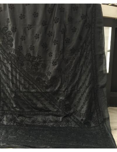 Chhangamal Hand Embroidered Black Colour Tussar Slik Chikankari Saree