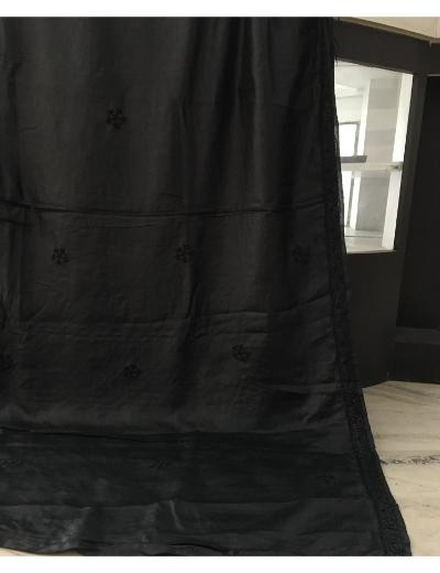 Chhangamal Hand Embroidered Black Colour Tussar Slik Chikankari Saree