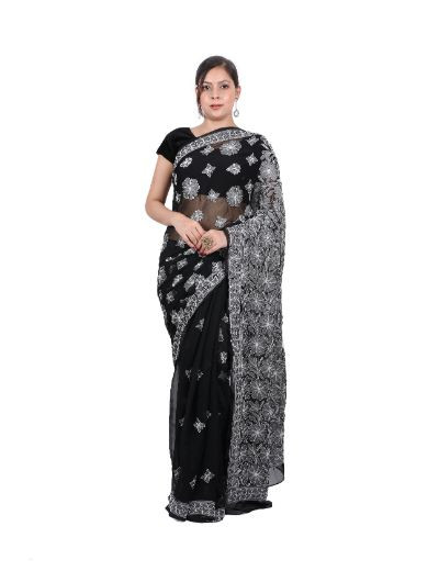 Chhangamal Hand Embroidered Black Faux Georgette Half Jaal Chikankari Saree