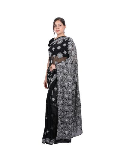 Chhangamal Hand Embroidered Black Faux Georgette Half Jaal Chikankari Saree
