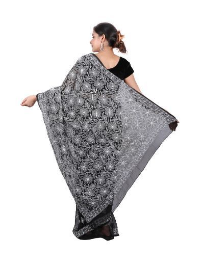 Chhangamal Hand Embroidered Black Faux Georgette Half Jaal Chikankari Saree