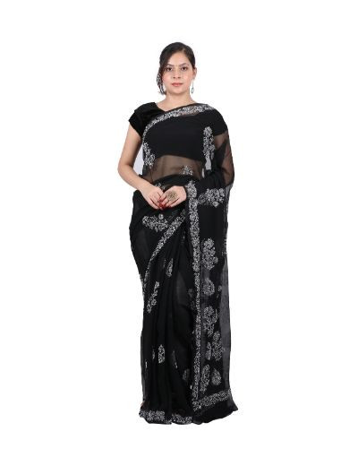 Chhangamal Hand Embroidered Black Georgette Chikankari Saree