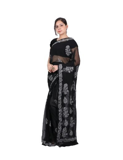 Chhangamal Hand Embroidered Black Georgette Chikankari Saree