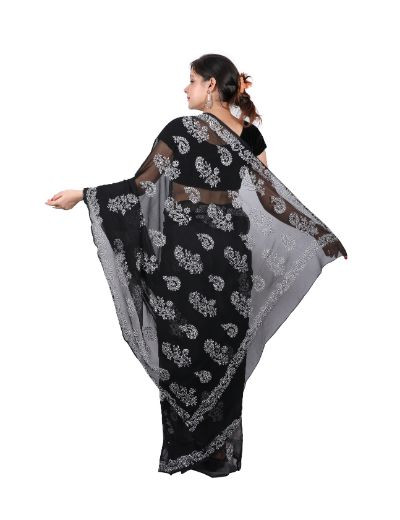 Chhangamal Hand Embroidered Black Georgette Chikankari Saree