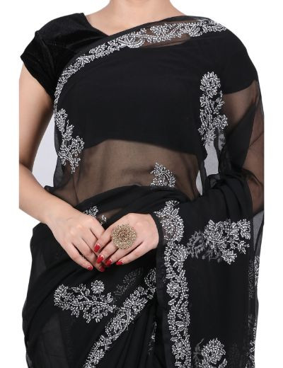 Chhangamal Hand Embroidered Black Georgette Chikankari Saree