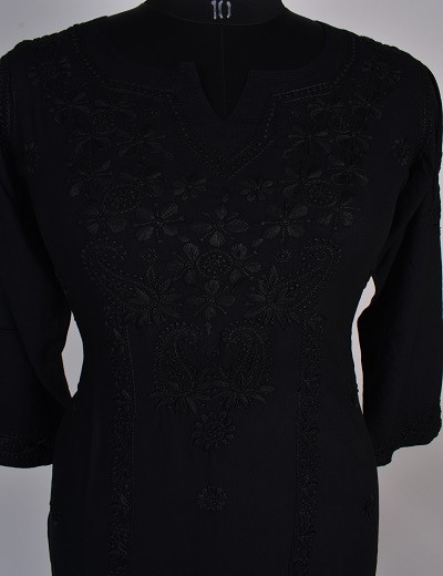 Chhangamal Hand Embroidered Black Rayon Cotton Chikankari Kurti