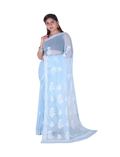 Chhangamal Hand Embroidered Blue Chikankari Faux Georgette Saree