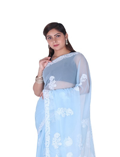 Chhangamal Hand Embroidered Blue Chikankari Faux Georgette Saree