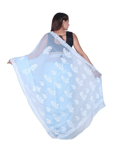 Chhangamal Hand Embroidered Blue Chikankari Faux Georgette Saree