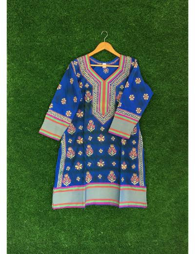 Chhangamal Hand Embroidered Blue Colour Chanderi Chikankari Kurti