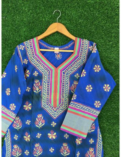 Chhangamal Hand Embroidered Blue Colour Chanderi Chikankari Kurti