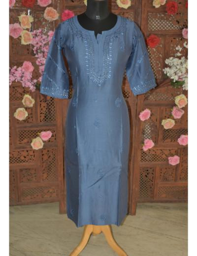 Chhangamal Hand Embroidered Blue Colour Chanderi Silk Kurti