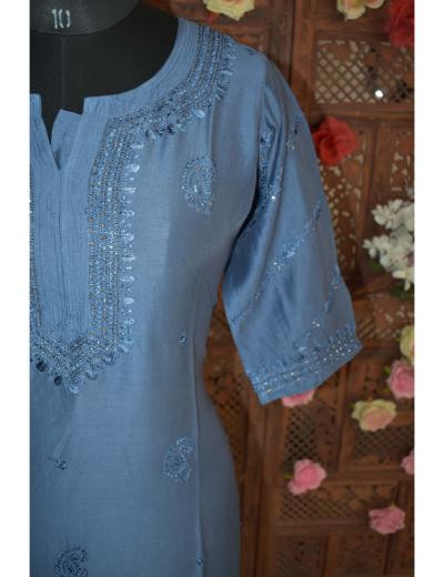 Chhangamal Hand Embroidered Blue Colour Chanderi Silk Kurti