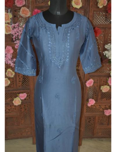 Chhangamal Hand Embroidered Blue Colour Chanderi Silk Kurti