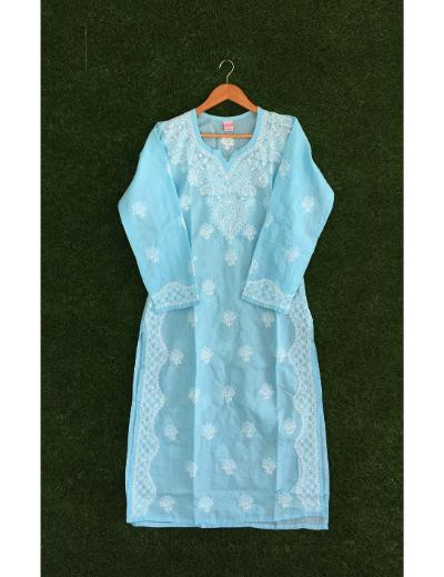 Chhangamal Hand Embroidered Blue Colour Cotton Chikankari Kurti