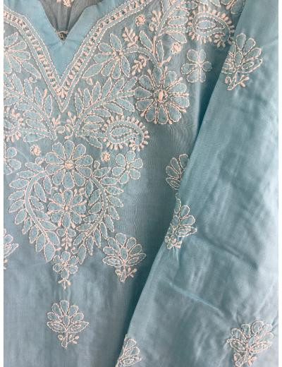 Chhangamal Hand Embroidered Blue Colour Cotton Chikankari Kurti